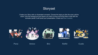 Create your Story with our illustrated concepts. Choose the style you like the most, edit its
colors, pick the background and layers you want to show and bring them to life with the
animator panel! It will boost your presentation. Check out how it works.
Storyset
Pana Amico Bro Rafiki Cuate
 