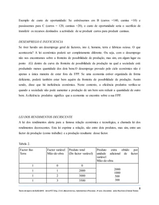 8
Texto de Apoio de ELEG/2015. Uniz/FCT. Eng. Civil, Mecatrónica, I nformática e Processo. 3º ano. Docentes: João Paulino e Zidane Tomás
Exemplo de custo de oportunidade: Se estivéssemos em B (carros =140, camisa =10) e
passássemos para C (carros = 120, camisas =20), o custo de oportunidade seria o sacrifício de
transferir os recursos destinados a actividade de se produzir carros para produzir camisas.
DESEMPREGO E INEFICIENCIA
Se tiver havido um desemprego geral de factores, isto é, homens, terra e fabricas ociosa. O que
aconteceria? A lei económica poderá ser completamente diferente. Ou seja, com o desemprego
não nos encontramos sobre a fronteira de possibilidade de produção, mas sim, em algum lugar ou
ponto (G) dentro da curva da fronteira de possibilidade da produção na qual a sociedade está
produzindo menos quantidade dos dois bens.O desemprego provado pelo ciclo económico não é
apenas a única maneira de estar fora da FPP. Se uma economia estiver organizada de forma
deficiente, poderá também estar bem aquém da fronteira de possibilidade de produção. Assim
sendo, disse que há ineficiência económica. Neste contexto, a eficiência produtiva verifica-se
quando a sociedade não pode aumentar a produção de um bem sem reduzir a quantidade de outro
bem. A eficiência produtiva significa que a economia se encontra sobre a sua FPP.
LEI DOS RENDIMENTOS DECRSCENTE
A lei dos rendimentos alerta para a famosa relação económica e tecnológica, a chamada lei dos
rendimentos decrescentes. Esta lei exprime a relação, não entre dois produtos, mas sim, entre um
factor de produção (como trabalho) e a produção resultante desse factor.
Tabela 2.
Factor fixo
Terra
Factor variável
Mão-de-obra
Produto total
(Do factor variável)
Produto extra obtido por
unidade adicional de factor
variável
Mão-de-obra
1 0 0
2000
1000
500
300
1 1 2000
1 2 3000
1 3 3500
 