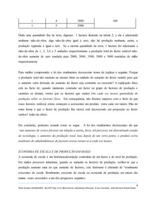9
Texto de Apoio de ELEG/2015. Uniz/FCT. Eng. Civil, Mecatrónica, I nformática e Processo. 3º ano. Docentes: João Paulino e Zidane Tomás
1 4 3800 100
1 5 3900
Dada uma quantidade fixa de terra, digamos 1 hectare ilustrado na tabela 2, a ela é adicionada
nenhuma mão-de-obra, diga mão-de-obra igual à zero, não há produção nenhuma, assim, a
produção registada é igual a zero. Se a mesma quantidade de terra, 1 hectare for adicionada a
mão-de-obra de 1, 2, 3,4 e 5 unidades respectivamente a produção total do factor variável mão-
de-obra aumenta de zero tonelada para 2000, 3000, 3500, 3800 e 3800 toneladas de milho
respectivamente.
Para melhor compreender a lei dos rendimentos decrescente temos de explicar o seguinte. Porque
a produção total não aumenta no mesmo ritmo ou unidade do aumento do factor variado para que
o aumento extra derivado do aumento do factor seja constante ou crescente? A explicação disso
está no facto de, quando mantemos constante um factor ou grupo de factores de produção e
variamos os demais, vemos que os factores que variam têm cada vez menos quantidade de
produção sobre os factores fixos. Em consequência, não ficamos surpreso com o facto de que
esses factores variáveis extras começam a acrescentar um produto extra cada vez menor. Dito de
outra forma é que o factor de produção fixo (terra) está decrescendo em proporção ao factor
variável (mão-de-obra).
Em conclusão, podemos resumir como se segue. A lei dos rendimentos decrescentes diz que
“um aumento de certos factores em relação a outros, fixos, irá provocar, em determinado estado
de tecnologia, o aumento da produção total, mas depois de um certo ponto, o produto extra
resultante de adiçãoidênticas de factores extras tornar-se-á cada vez menor.
ECONOMIA DE ESCALA E DE PRODUÇÃO EM MASSA
A economia de escala é um fenómenodavariação controlada de um factor e de nível de produção.
Em muitos processos industriais, quando se aumenta os factores de produção, verifica-se que a
produção aumenta mais do que aumento de factores, este fenómeno é chamado de “rendimento
crescentes da escala. Rendimento crescente de escala ou economia de produção em massa são
muitas vezes associados a um dos progressos seguintes:
 
