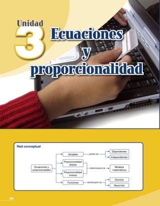 3
     Unidad
               Ecuaciones
                   y
            proporcionalidad



     Red conceptual
                                                                          Dependientes
                                    Variables         pueden ser
                                                                          Independientes
                                 Proporcionalidad
                                     directa
               Ecuaciones y                            determinación de     Modelos
              proporcionalidad                                             matemáticos
                                 Proporcionalidad
                                     inversa
                                                                             Dominio
                                    Funciones       identificación de
                                                                            Recorrido




58
 