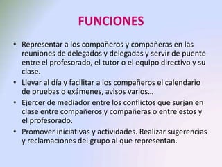 FUNCIONES
• Representar a los compañeros y compañeras en las reuniones de
delegados y delegadas y servir de puente entre el profesorado, el tutor
o el equipo directivo y su clase.
• Llevar al día y facilitar a los compañeros el calendario de pruebas o
exámenes, avisos varios…
• Ejercer de mediador entre los conflictos que surjan en clase entre
compañeros y compañeras o entre estos y el profesorado.
• Promover iniciativas y actividades. Realizar sugerencias y reclamaciones
del grupo al que representan.
• Colaborar con el tutor y con la Junta de profesores del grupo en los
temas que afecten al funcionamiento de este.
• Informar a los alumnos representantes del Consejo Escolar de los
problemas y ser informados por estos de los temas tratados.
• Cuidar de la adecuada utilización del material y de las instalaciones del
instituto.
 