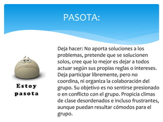 PASOTA:
Deja hacer: No aporta soluciones a los
problemas, pretende que se solucionen
solos, cree que lo mejor es dejar a todos
actuar según sus propias reglas o intereses.
Deja participar libremente, pero no
coordina, ni organiza la colaboración del
grupo. Su objetivo es no sentirse presionado
o en conflicto con el grupo. Propicia climas
de clase desordenados e incluso frustrantes,
aunque puedan resultar cómodos para el
grupo.
 