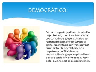 DEMOCRÁTICO:
Favorece la participación en la solución
de problemas, coordina e incentiva la
colaboración del grupo. Considera su
responsabilidad como un servicio al
grupo. Su objetivo es un trabajo eficaz
en un ambiente de colaboración y
respeto mutuo. Si obtiene la
colaboración del grupo propicia climas
de clase cordiales y confiados. El resto
de los alumnos deben colaborar con él.
 