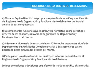 e) Elevar al Equipo Directivo las propuestas para la elaboración y modificación
del Reglamento de Organización y Funcionamiento del centro, dentro del
ámbito de sus competencias
f) Desempeñar las funciones que le atribuye la normativa sobre derechos y
deberes de los alumnos, así como el Reglamento de Organización y
Funcionamiento del centro.
g) Informar al alumnado de sus actividades. h) Formular propuestas al Jefe de
Departamento de Actividades Complementarias y Extraescolares para el
desarrollo de las actividades propias del mismo.
i) Participar en la autoevaluación del centro, en la forma que establezca el
Reglamento de Organización y Funcionamiento del mismo.
j) Otras actuaciones y decisiones que afecten de modo específico al alumnado.
FUNCIONES DE LA JUNTA DE DELEGADOS
 
