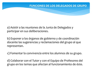 a) Asistir a las reuniones de la Junta de Delegados y
participar en sus deliberaciones.
b) Exponer a los órganos de gobierno y de coordinación
docente las sugerencias y reclamaciones del grupo al que
representan.
c) Fomentar la convivencia entre los alumnos de su grupo.
d) Colaborar con el Tutor y con el Equipo de Profesores del
grupo en los temas que afectan al funcionamiento de éste.
FUNCIONES DE LOS DELEGADOS DE GRUPO
 