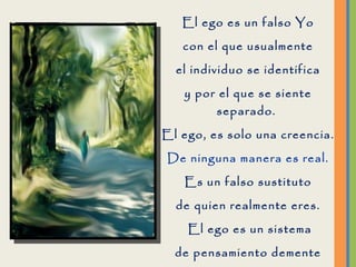 El ego es un falso Yo con el que usualmente el individuo se identifica y por el que se siente separado.  El ego, es solo una creencia. De ninguna manera es real. Es un falso sustituto de quien realmente eres. El ego es un sistema de pensamiento demente que hace que surjan la maldad, la culpa y el miedo, como sus testigos preferidos.  