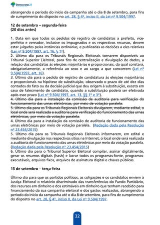 32
abrangendo o período do início da campanha até o dia 8 de setembro, para fins
de cumprimento do disposto no art. 28, § 4º, inciso II, da Lei nº 9.504/1997.
12 de setembro – segunda-feira
(20 dias antes)
1. Data em que todos os pedidos de registro de candidatos a prefeito, vice-
prefeito e vereador, inclusive os impugnados e os respectivos recursos, devem
estar julgados pelas instâncias ordinárias, e publicadas as decisões a eles relativas
(Lei nº 9.504/1997, art. 16, § 1º).
2. Último dia para os Tribunais Regionais Eleitorais tornarem disponíveis ao
Tribunal Superior Eleitoral, para fins de centralização e divulgação de dados, a
relação dos candidatos às eleições majoritárias e proporcionais, da qual constará,
obrigatoriamente, a referência ao sexo e ao cargo a que concorrem (Lei nº
9.504/1997, art. 16).
3. Último dia para o pedido de registro de candidatura às eleições majoritárias
e proporcionais na hipótese de substituição, observado o prazo de até dez dias
contados do fato ou da decisão judicial que deu origem à substituição, exceto em
caso de falecimento de candidato, quando a substituição poderá ser efetivada
após esse prazo (Lei nº 9.504/1997, art. 13, §§ 1º e 3º).
4. Último dia para a instalação da comissão de auditoria para verificação do
funcionamento das urnas eletrônicas, por meio de votação paralela.
5. Último dia para os Tribunais Regionais Eleitorais divulgarem, mediante edital, o
local onde será realizada a auditoria para verificação do funcionamento das urnas
eletrônicas, por meio da votação paralela.
4. Último dia para a instalação da comissão de auditoria de funcionamento das
urnas eletrônicas por meio de votação paralela. (Redação dada pela Resolução
nº 23.454/2015)
5. Último dia para os Tribunais Regionais Eleitorais informarem, em edital e
mediante divulgação nos respectivos sítios na Internet, o local onde será realizada
a auditoria de funcionamento das urnas eletrônicas por meio da votação paralela.
(Redação dada pela Resolução nº 23.454/2015)
6. Último dia para o Tribunal Superior Eleitoral compilar, assinar digitalmente,
gerar os resumos digitais (hash) e lacrar todos os programas-fonte, programas-
executáveis, arquivos fixos, arquivos de assinatura digital e chaves públicas.
13 de setembro – terça-feira
Último dia para que os partidos políticos, as coligações e os candidatos enviem à
Justiça Eleitoral o relatório discriminado das transferências do Fundo Partidário,
dos recursos em dinheiro e dos estimáveis em dinheiro que tenham recebido para
financiamento da sua campanha eleitoral e dos gastos realizados, abrangendo o
período do início da campanha até o dia 8 de setembro, para fins de cumprimento
do disposto no art. 28, § 4º, inciso II, da Lei nº 9.504/1997.
 