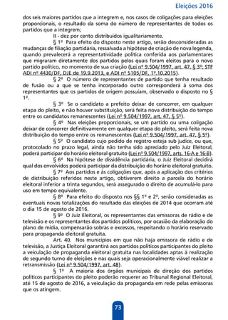 Eleições 2016
73
dos seis maiores partidos que a integrem e, nos casos de coligações para eleições
proporcionais, o resultado da soma do número de representantes de todos os
partidos que a integrem;
II - dez por cento distribuídos igualitariamente.
§ 1º Para efeito do disposto neste artigo, serão desconsideradas as
mudanças de filiação partidária, ressalvada a hipótese de criação de nova legenda,
quando prevalecerá a representatividade política conferida aos parlamentares
que migraram diretamente dos partidos pelos quais foram eleitos para o novo
partido político, no momento de sua criação (Lei nº 9.504/1997, art. 47, § 3º; STF
ADI nº 4430/DF, DJE de 19.9.2013, e ADI nº 5105/DF, 1º.10.2015).
§ 2º O número de representantes de partido que tenha resultado
de fusão ou a que se tenha incorporado outro corresponderá à soma dos
representantes que os partidos de origem possuíam, observado o disposto no §
1º.
§ 3º Se o candidato a prefeito deixar de concorrer, em qualquer
etapa do pleito, e não houver substituição, será feita nova distribuição do tempo
entre os candidatos remanescentes (Lei nº 9.504/1997, art. 47, § 5º).
§ 4º Nas eleições proporcionais, se um partido ou uma coligação
deixar de concorrer definitivamente em qualquer etapa do pleito, será feita nova
distribuição do tempo entre os remanescentes (Lei nº 9.504/1997, art. 47, § 5º).
§ 5º O candidato cujo pedido de registro esteja sub judice, ou que,
protocolado no prazo legal, ainda não tenha sido apreciado pelo Juiz Eleitoral,
poderá participar do horário eleitoral gratuito (Lei nº 9.504/1997, arts. 16-A e 16-B).
§ 6º Na hipótese de dissidência partidária, o Juiz Eleitoral decidirá
qual dos envolvidos poderá participar da distribuição do horário eleitoral gratuito.
§ 7º Aos partidos e às coligações que, após a aplicação dos critérios
de distribuição referidos neste artigo, obtiverem direito a parcela do horário
eleitoral inferior a trinta segundos, será assegurado o direito de acumulá-lo para
uso em tempo equivalente.
§ 8º Para efeito do disposto nos §§ 1º e 2º, serão consideradas as
eventuais novas totalizações do resultado das eleições de 2014 que ocorram até
o dia 15 de agosto de 2016.
§ 9º O Juiz Eleitoral, os representantes das emissoras de rádio e de
televisão e os representantes dos partidos políticos, por ocasião da elaboração do
plano de mídia, compensarão sobras e excessos, respeitando o horário reservado
para propaganda eleitoral gratuita.
Art. 40. Nos municípios em que não haja emissora de rádio e de
televisão, a Justiça Eleitoral garantirá aos partidos políticos participantes do pleito
a veiculação de propaganda eleitoral gratuita nas localidades aptas à realização
de segundo turno de eleições e nas quais seja operacionalmente viável realizar a
retransmissão (Lei nº 9.504/1997, art. 48).
§ 1º A maioria dos órgãos municipais de direção dos partidos
políticos participantes do pleito poderão requerer ao Tribunal Regional Eleitoral,
até 15 de agosto de 2016, a veiculação da propaganda em rede pelas emissoras
que os atingem.
 