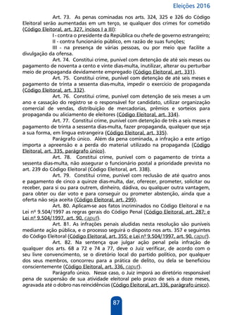 Eleições 2016
87
Art. 73. As penas cominadas nos arts. 324, 325 e 326 do Código
Eleitoral serão aumentadas em um terço, se qualquer dos crimes for cometido
(Código Eleitoral, art. 327, incisos I a III):
I - contra o presidente da República ou chefe de governo estrangeiro;
II - contra funcionário público, em razão de suas funções;
III - na presença de várias pessoas, ou por meio que facilite a
divulgação da ofensa.
Art. 74. Constitui crime, punível com detenção de até seis meses ou
pagamento de noventa a cento e vinte dias-multa, inutilizar, alterar ou perturbar
meio de propaganda devidamente empregado (Código Eleitoral, art. 331).
Art. 75. Constitui crime, punível com detenção de até seis meses e
pagamento de trinta a sessenta dias-multa, impedir o exercício de propaganda
(Código Eleitoral, art. 332).
Art. 76. Constitui crime, punível com detenção de seis meses a um
ano e cassação do registro se o responsável for candidato, utilizar organização
comercial de vendas, distribuição de mercadorias, prêmios e sorteios para
propaganda ou aliciamento de eleitores (Código Eleitoral, art. 334).
Art. 77. Constitui crime, punível com detenção de três a seis meses e
pagamento de trinta a sessenta dias-multa, fazer propaganda, qualquer que seja
a sua forma, em língua estrangeira (Código Eleitoral, art. 335).
Parágrafo único. Além da pena cominada, a infração a este artigo
importa a apreensão e a perda do material utilizado na propaganda (Código
Eleitoral, art. 335, parágrafo único).
Art. 78. Constitui crime, punível com o pagamento de trinta a
sessenta dias-multa, não assegurar o funcionário postal a prioridade prevista no
art. 239 do Código Eleitoral (Código Eleitoral, art. 338).
Art. 79. Constitui crime, punível com reclusão de até quatro anos
e pagamento de cinco a quinze dias-multa, dar, oferecer, prometer, solicitar ou
receber, para si ou para outrem, dinheiro, dádiva, ou qualquer outra vantagem,
para obter ou dar voto e para conseguir ou prometer abstenção, ainda que a
oferta não seja aceita (Código Eleitoral, art. 299).
Art. 80. Aplicam-se aos fatos incriminados no Código Eleitoral e na
Lei nº 9.504/1997 as regras gerais do Código Penal (Código Eleitoral, art. 287; e
Lei nº 9.504/1997, art. 90, caput).
Art. 81. As infrações penais aludidas nesta resolução são puníveis
mediante ação pública, e o processo seguirá o disposto nos arts. 357 e seguintes
do Código Eleitoral (Código Eleitoral, art. 355; e Lei nº 9.504/1997, art. 90, caput).
Art. 82. Na sentença que julgar ação penal pela infração de
qualquer dos arts. 68 a 72 e 74 a 77, deve o Juiz verificar, de acordo com o
seu livre convencimento, se o diretório local do partido político, por qualquer
dos seus membros, concorreu para a prática de delito, ou dela se beneficiou
conscientemente (Código Eleitoral, art. 336, caput).
Parágrafo único. Nesse caso, o Juiz imporá ao diretório responsável
pena de suspensão de sua atividade eleitoral pelo prazo de seis a doze meses,
agravada até o dobro nas reincidências (Código Eleitoral, art. 336, parágrafo único).
 