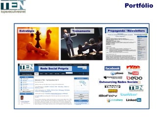 Portfólio


Estratégia                         Treinamento        Propaganda / Newsletters




             Rede Social Própria




                                                 Outsourcing Redes Sociais
 