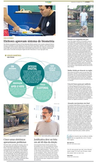 13A CIDADESEGUNDA-FEIRA, 3 DE OUTUBRO DE 2016ELEIÇ ES
Na primeira tentativa não reconheceu minha
digital, mas na segunda deu certo. É muito
mais seguro.
Sou de uma geração que não votou durante
muito tempo. Só votei com 39 anos, então
dou muito valor ao meu voto.
Maria Isabel Torre
Médica, sobre o sistema biométrio de votação
Fausto Saretta
Economista, sobre a justificativa eleitoral
Votação na companhia dos pets
Votar, para alguns eleitores, foi também momen-
to de aproveitar a companhia dos animais. O ca-
sal Cristina e Osvaldo Campos foi pela manhã até
o local de votação com os quatro cães da família.
“Aproveitamos o clima mais fresco da manhã para
levá-los para passear e já votar”, disse o vendedor
Osvaldo, que intercalou com a mulher os cuidados
dos cães, na porta da Escola de Educação Espe-
cial e Ensino Fundamental Egydio Pedreschi, en-
quanto o outro votava. “Acho certo não entrar com
animais, eles fazem barulho e têm pessoa que têm
medo até de chegar perto”, afirmou a psicanalis-
ta Cristina. Na porta da Unaerp, o golden retriever
‘Hooky’ chamava a atenção pelo porte, enquanto
fazia companhia ao dono Akira Tobace (foto), que
aguardava sua mãe justificar o voto. “Mudamos faz
pouco tempo para Ribeirão, ainda não transferi-
mos o título. Viemos andando e trouxemos ele pa-
ra um passeio. Assim fazemos tudo de uma vez só”,
disse Tobace.
Mulher detida por desacato na região
Uma eleitora foi detida ontem em São Simão. Ela
desacatou e ofendeu o juiz eleitoral do município
quando foi votar na Escola Estadual Simão da Sil-
va, na região central. Ela foi levada até a delegacia
e foi liberada após assinar termo de compromis-
so de comparecimento em juízo na fase do proces-
so criminal.
Urna de Franca passa por auditoria
O Tribunal Regional Eleitoral sorteou cinco ur-
nas de todo o Estado que passarão por auditoria.
Uma delas é de Franca, com o registro dos votos
dos eleitores da seção 102, na Escola Doutor João
Marciano de Almeida, na Vila Aparecida. A audito-
ria funciona como uma apuração paralela, em que
os eleitores utilizam cédulas de papel e, depois, to-
dos os votos são registrados na urna eletrônica. Na
apuração, as urnas sorteadas são encaminhadas
para São Paulo onde é verificado se o resultado é o
mesmo nos registros eletrônico e manual.
Atrasados movimentam reta final
O estudante Rafael Ribeiro, 29 anos, chegou ao Co-
légio Marista, no Centro de Ribeirão Preto, apenas
três minutos antes dos portões se fecharem para as
Eleições de 2016. Eram 16h57 e ele foi o penúltimo
a entrar na escola e se dirigir até a sessão para re-
gistrar seu voto. Um alívio que compensou, segun-
do ele mesmo, muito mais em razão da participa-
ção cívica do que da obrigação de ir às urnas. “Eu
estava fora da cidade, cheguei correndo, peguei
um pouco de trânsito, mas deu certo”, celebrou.
“Vim porque é importante. Quero experimentar
um comando diferente para a nossa cidade e a ex-
pectativa e a esperança são muito mais importan-
tes do que a obrigação”, completou. É a mesma
opinião do funcionário público federal Antonio
Dametto, 41 anos. Também um dos últimos a che-
gar e sair do local de votação. “Eu atrasei por estar
em um compromisso social em família. Quando vi
a hora, saí correndo. Vim pelo dever e por ser um
momento importante para a cidade”, opiniou.
MASTRANGELO REINO / A CIDADE
URNA ELETRÔNICA
Eleitores aprovam sistema de biometria
Nas eleições municipais de ontem, 8,3% do eleitorado ribeirão-pretano votou usando o sistema de biome-
tria para se identificar na seção eleitoral. Dos 435,3 mil eleitores da cidade, segundo o TSE (Tribunal Supe-
rior Eleitoral), 36.563 estavam cadastrados na biometria para o pleito deste ano. “Aprovei o sistema de bio-
metria 100%, pois não precisa assinar nada e evita fraudes, já que não tem como ninguém se passar por
mim”, avaliou o executivo de licitações Angelo dos Reis Vieira Junior, 37 anos, logo após votar.
WEBER SIAN / A CIDADE
MARCELO FONTES / A CIDADE WEBER SIAN / A CIDADE
FORA DO AR Urnas quebradas foram levadas ao cartório LONGE DA URNA Fausto Saretta justificou ausência da Capital
Cinco urnas eletrônicas
apresentaram problemas
Justificativa deve ser feita
em até 60 dias da eleição
Durante todo o período de votação, cinco ur-
nas apresentaram problemas em Ribeirão
Preto. Três foram substituídas e duas foram
consertadas pelos técnicos da Justiça Eleitoral.
Na região da zona 293, que tem como referên-
cia a zona Oeste, um aparelhou apresentou er-
ro e foi substituído. Na zona 305 (região Leste),
uma urna no colégio Vita et Pax parou de fun-
cionar e foi trocada. No Centro, região da zo-
na 108, uma urna no colégio Guimarães Rosa
também parou e acabou substituída.
O economista Fausto Saretta, de 66 anos,
foi justificar seu voto na manhã de ontem.
Apesar de morar em Ribeirão Preto, ele é
eleitor da capital paulista. “Não pude ir pa-
ra São Paulo neste primeiro turno, então ti-
ve que justificar”, disse. Quem não forma-
lizou a justificativa ontem deverá compa-
recer ao seu cartório eleitoral, no prazo de
60 dias a contar da data da eleição, munido
dos documentos que comprovem o motivo
da ausência.
EM
NOVEMBRO
O agendamento para o
cadastramento do sistema de
biometria está suspenso em todo o
País até o término das eleições em
segundo turno (30 de outubro). Em
Ribeirão Preto, o cartório eleitoral
fica na rua Cerqueira César,
333, no Centro.
TÍTULO
ELEITORALA maioria dos que utilizaram a biometria
na Escola de Educação Especial e Ensino
Fundamental Egydio Pedreschi, ontem, havia
transferido o título ou era o primeiro voto –
como a estudante Júlia Cecília de Almeida,
de 19 anos, em sua primeira eleição. “Fui
tirar o meu título e já fiz o cadastro.
Além de facilitar, é uma segurança
a mais”, comentou.
122
LOCAIS DE
VOTAÇÃO
O sistema, utilizado pela primeira vez
em Ribeirão Preto, esteve presente em
todas as seções eleitorais, distribuídas
por 122 locais de votação. O Colégio
Metodista foi o único local de
Ribeirão em que todos os
eleitores tiveram a biometria
cadastrada.
IMPRESSÃO
DIGITALA biometria usa as impressões digitais
do eleitor para fazer sua identificação
no momento do voto. As digitais são
reconhecidas por um leitor digital e
comparadas com o registro no banco de
dados da Justiça Eleitoral. De acordo com
o TSE, o sistema confere mais segurança
à identificação do eleitor, dificultando
que uma pessoa se passe por
outra no momento do voto.
COMO FUNCIONA
VOTAÇÃO BIOMÉTRICA FONTES:ACIDADEETSE
ORIENTAÇÃO
APÓS O VOTONa Escola Municipal Dom Luís do Amaral
Mousinho, os mesários orientavam os
eleitores, após a votação, a procurarem
o cartório eleitoral para fazer o
cadastramento biométrico para
as eleições de 2018.
 