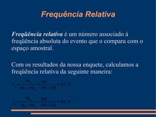 Frequência Relativa Freqüência relativa  é um número associado à freqüência absoluta do evento que o compara com o espaço amostral. Com os resultados da nossa enquete, calculamos a freqüência relativa da seguinte maneira: 