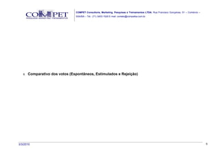 COMPET Consultoria, Marketing, Pesquisas e Treinamentos LTDA. Rua Francisco Gonçalves, 01 – Comércio –
                                 SSA/BA – Tel.: (71) 3453-1529 E-mail: contato@competba.com.br.




   8.   Comparativo dos votos (Espontâneos, Estimulados e Rejeição)




3/3/2010                                                                                                                                  9
 