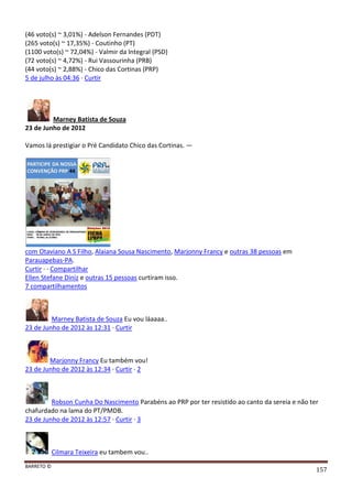 BARRETO ©
157
(46 voto(s) ~ 3,01%) - Adelson Fernandes (PDT)
(265 voto(s) ~ 17,35%) - Coutinho (PT)
(1100 voto(s) ~ 72,04%) - Valmir da Integral (PSD)
(72 voto(s) ~ 4,72%) - Rui Vassourinha (PRB)
(44 voto(s) ~ 2,88%) - Chico das Cortinas (PRP)
5 de julho às 04:36 · Curtir
Marney Batista de Souza
23 de Junho de 2012
Vamos lá prestigiar o Pré Candidato Chico das Cortinas. —
com Otaviano A S Filho, Alaiana Sousa Nascimento, Marjonny Francy e outras 38 pessoas em
Parauapebas-PA.
Curtir · · Compartilhar
Ellen Stefane Diniz e outras 15 pessoas curtiram isso.
7 compartilhamentos
Marney Batista de Souza Eu vou láaaaa..
23 de Junho de 2012 às 12:31 · Curtir
Marjonny Francy Eu também vou!
23 de Junho de 2012 às 12:34 · Curtir · 2
Robson Cunha Do Nascimento Parabéns ao PRP por ter resistido ao canto da sereia e não ter
chafurdado na lama do PT/PMDB.
23 de Junho de 2012 às 12:57 · Curtir · 3
Cilmara Teixeira eu tambem vou..
 
