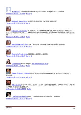 BARRETO ©
348
Frank Souza Parabens,Grande liderança sua cadeira no legislativo ta garantida.
6 de agosto de 2012 às 15:08 · Curtir · 1
Rosangela Araujo Limas FOI BOM D+ QUANDO VAI SER A PROXIMA?
7 de agosto de 2012 às 11:32 · Curtir
Rosangela Araujo Limas NA PROXIMA VAI TER MUITO MAIS EU VOU DE NOVO E VOU LEVAR
QUEM NÃO CONSEGUIU IR.......... PARAUAPEBAS VAI FICAR PEQUENO PARA O POVO QUE APOIA ELIENE
BJS
7 de agosto de 2012 às 11:36 · Curtir
Rosangela Araujo Limas ESSA E MINHA VEREADORA PARA QUEM NÃO SABE OKI
7 de agosto de 2012 às 11:36 · Curtir · 1
Rosangela Araujo Limas E 13.800 .... 13.800 .... 13.800
7 de agosto de 2012 às 11:37 · Curtir · 1
Eliene Soares Muito obrigada, Rosangela Araujo Limas!!
7 de agosto de 2012 às 14:17 · Curtir
Gaspar Ordemiro Carvalho vomos nos encotrarmos na camara de vereadores pra fazer a
diferencia .
7 de agosto de 2012 às 14:24 · Curtir · 1
Adonete Silva É ISSO AI MINHA GENTE É 13.800 E O NOSSO PEBINHA ESTA DE PONTA A PONTA
FALANDO NA ELIENE QUE BELEZA.
10 de agosto de 2012 às 00:00 · Curtir
Cristianne Souza Araujo eu vi .... tinha bastante carro mesmo... parabens....
4 de agosto de 2012 às 22:35 · Curtir · 1
 