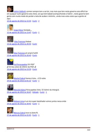 BARRETO ©
360
Valmir Dalferth carmen sempre tem a vai ter, mas mais que tem neste governo sera dificil ter
em quaquer outro governo esta cheio, sei que tem babaõ acompanhando o Valmir , neste governo tem
gente com muito medo de perder a teta de acabar o leitinho , ainda mais estes estes que a gente vé
aqui.
12 de agosto de 2012 às 13:33 · Curtir · 2
Jorge Clésio Verdade,,,
12 de agosto de 2012 às 13:47 · Curtir · 1
Silas Trancoso fodase
13 de agosto de 2012 às 20:43 · Curtir
Silas Trancoso pt senpre haHA
13 de agosto de 2012 às 20:43 · Curtir
Psd Parauapebas 55! PSD"
♫ 55 Vou votar do VAlmir do PSD! ♫
16 de agosto de 2012 às 13:59 · Curtir
Mychel Cabral Vamos à luta... é 55 neles
24 de agosto de 2012 às 01:12 · Curtir · 1
Marcelo Kabral Parauapebas Vota. 55 Valmir da Intergral.
24 de agosto de 2012 às 18:47 · Editado · Curtir · 1
Relyson Lima é um kra super batalhador vomos juntos nessa onda
24 de agosto de 2012 às 18:41 · Curtir · 1
Marcos Cabral esse eu boto fé.
27 de agosto de 2012 às 22:45 · Curtir · 1
 