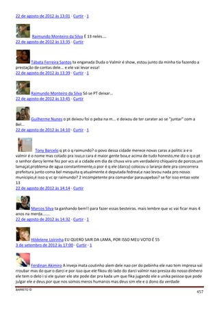 BARRETO ©
457
22 de agosto de 2012 às 13:01 · Curtir · 1
Raimundo Monteiro da Silva É 13 neles....
22 de agosto de 2012 às 13:35 · Curtir
Tábata Ferreira Santos ta enganada Duda o Valmir é show, estou junto da minha tia fazendo a
prestação de contas dele... e ele vai levar essa!
22 de agosto de 2012 às 13:39 · Curtir · 1
Raimundo Monteiro da Silva Só se PT deixar...
22 de agosto de 2012 às 13:45 · Curtir
Guilherme Nunes o pt deixou foi o peba na m... e deixou de ter carater ao se "juntar" com a
Bel...
22 de agosto de 2012 às 14:10 · Curtir · 1
Tony Barcelo q pt o q raimundo? o povo dessa cidade merece novas caras a politic a e o
valmir é o nome mas cotado pra isso,o cara é maior gente boa,e acima de tudo honesto,me diz o q o pt
o senhor darcy lerme fez por vcs ai a cidade em dia de chuva vira um verdadeiro chiqueiro de porcos,um
lamaçal,problema de agua constantimente,o pior é q ele (darcy) colocou o laranja dele pra concorrera
prefeitura junto coma bel mesquita q atualmente é deputada fedreal,e nao levou nada pro nosso
municipio,é isso q vc qr raimundo? 2 incompetente pra comandar parauapebas? se for isso entao vote
13
22 de agosto de 2012 às 14:14 · Curtir
Marcos Silva ta ganhando bem!! para fazer essas besteiras. mais lembre que vc vai ficar mais 4
anos na merda.......
22 de agosto de 2012 às 14:32 · Curtir · 1
Hildelene Loirinha EU QUERO SAIR DA LAMA, POR ISSO MEU VOTO É 55
3 de setembro de 2012 às 17:00 · Curtir · 1
Ferdinan Akimiro A inveja mata coutinho alem dele nao cer do pebinha ele nao tem impresa vai
rroubar mas do que o darci e por isso que ele fikou do lado do darci valmir nao presiza do nosso dinhero
ele tem o delo i si ele quiser ele ate pode dar pra kada um que fika jugando ele a unika pessoa que pode
julgar ele e deus por que nos somos meros humanos mas deus sim ele e o dono da verdade
 
