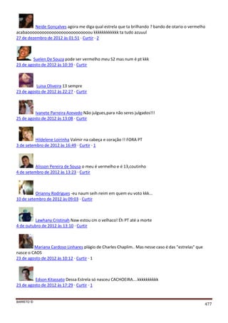BARRETO ©
477
Neide Gonçalves agora me diga qual estrela que ta brilhando ? bando de otario o vermelho
acabaoooooooooooooooooooooooooou kkkkkkkkkkkk ta tudo azuuul
27 de dezembro de 2012 às 01:51 · Curtir · 2
Suelen De Souza pode ser vermelho meu S2 mas num é pt kkk
23 de agosto de 2012 às 10:39 · Curtir
Luisa Oliveira 13 sempre
23 de agosto de 2012 às 22:27 · Curtir
Ivanete Parreira Azevedo Não julgues,para não seres julgados!!!
25 de agosto de 2012 às 13:08 · Curtir
Hildelene Loirinha Valmir na cabeça e coração !! FORA PT
3 de setembro de 2012 às 16:49 · Curtir · 1
Alisson Pereira de Sousa o meu é vermelho e é 13,coutinho
4 de setembro de 2012 às 13:23 · Curtir
Orianny Rodrigues -eu naum seih neim em quem eu voto kkk...
10 de setembro de 2012 às 09:03 · Curtir
Lawhany Cristinah Naw estou cm o velhaco! Éh PT até a morte
4 de outubro de 2012 às 13:10 · Curtir
Mariana Cardoso Linhares plágio de Charles Chaplim.. Mas nesse caso é das "estrelas" que
nasce o CAOS
23 de agosto de 2012 às 10:12 · Curtir · 1
Edson Kitassato Dessa Estrela só nasceu CACHOEIRA....kkkkkkkkkk
23 de agosto de 2012 às 17:29 · Curtir · 1
 