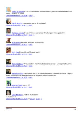 BARRETO ©
578
Valmir da Integral É isso aí! Parabéns aos envolvidos nessa grandiosa festa da democracia.
Juntos à vitória e 55 neles!
1 de setembro de 2012 às 08:09 · Curtir · 1
Naksia Amorim Parauapebas precisa de mudança!
1 de setembro de 2012 às 08:29 · Curtir
Francisco Ferreira E isso aí! Vamos que vamos. O melhor para Parauapebas!!!!!
1 de setembro de 2012 às 09:30 · Curtir · 2
Marcio Perys Parabéns Neto pelo seu discurso !
1 de setembro de 2012 às 09:35 · Curtir
Kelly Maia É isso ai é nois 55 na parada:D
1 de setembro de 2012 às 09:45 · Curtir
Raimundo Sousa Uma verdadeira manifestação de apoio ao nosso futuro prefeito Valmir.
1 de setembro de 2012 às 09:59 · Curtir
Raimundo Sousa Parauapebas precisa de um empreendedor com visão de futuro. Eleger o
Valmir significa dar um verdadeiro passo de progresso em nosso município.
1 de setembro de 2012 às 10:02 · Curtir
Anderson Souza avante 55!
1 de setembro de 2012 às 10:21 · Curtir
Liliani Monteiro Lotado!!! Muito bom!!
55 mudança !!
1 de setembro de 2012 às 10:39 via celular · Curtir · 1
 