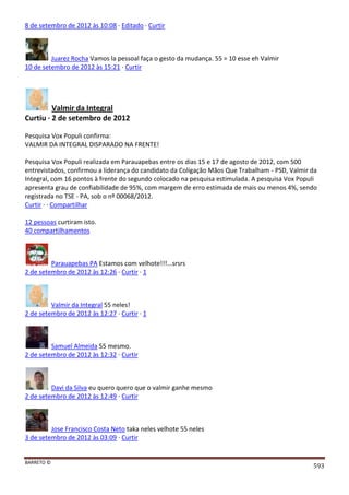 BARRETO ©
593
8 de setembro de 2012 às 10:08 · Editado · Curtir
Juarez Rocha Vamos la pessoal faça o gesto da mudança. 55 = 10 esse eh Valmir
10 de setembro de 2012 às 15:21 · Curtir
Valmir da Integral
Curtiu · 2 de setembro de 2012
Pesquisa Vox Populi confirma:
VALMIR DA INTEGRAL DISPARADO NA FRENTE!
Pesquisa Vox Populi realizada em Parauapebas entre os dias 15 e 17 de agosto de 2012, com 500
entrevistados, confirmou a liderança do candidato da Coligação Mãos Que Trabalham - PSD, Valmir da
Integral, com 16 pontos à frente do segundo colocado na pesquisa estimulada. A pesquisa Vox Populi
apresenta grau de confiabilidade de 95%, com margem de erro estimada de mais ou menos 4%, sendo
registrada no TSE - PA, sob o nº 00068/2012.
Curtir · · Compartilhar
12 pessoas curtiram isto.
40 compartilhamentos
Parauapebas PA Estamos com velhote!!!...srsrs
2 de setembro de 2012 às 12:26 · Curtir · 1
Valmir da Integral 55 neles!
2 de setembro de 2012 às 12:27 · Curtir · 1
Samuel Almeida 55 mesmo.
2 de setembro de 2012 às 12:32 · Curtir
Davi da Silva eu quero quero que o valmir ganhe mesmo
2 de setembro de 2012 às 12:49 · Curtir
Jose Francisco Costa Neto taka neles velhote 55 neles
3 de setembro de 2012 às 03:09 · Curtir
 