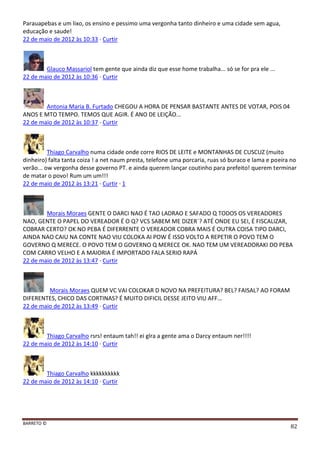 BARRETO ©
82
Parauapebas e um lixo, os ensino e pessimo uma vergonha tanto dinheiro e uma cidade sem agua,
educação e saude!
22 de maio de 2012 às 10:33 · Curtir
Glauco Massariol tem gente que ainda diz que esse home trabalha... só se for pra ele ...
22 de maio de 2012 às 10:36 · Curtir
Antonia Maria B. Furtado CHEGOU A HORA DE PENSAR BASTANTE ANTES DE VOTAR, POIS 04
ANOS E MTO TEMPO. TEMOS QUE AGIR. É ANO DE LEIÇÃO...
22 de maio de 2012 às 10:37 · Curtir
Thiago Carvalho numa cidade onde corre RIOS DE LEITE e MONTANHAS DE CUSCUZ (muito
dinheiro) falta tanta coiza ! a net naum presta, telefone uma porcaria, ruas só buraco e lama e poeira no
verão... ow vergonha desse governo PT. e ainda querem lançar coutinho para prefeito! querem terminar
de matar o povo! Rum um um!!!
22 de maio de 2012 às 13:21 · Curtir · 1
Morais Moraes GENTE O DARCI NAO É TAO LADRAO E SAFADO Q TODOS OS VEREADORES
NAO, GENTE O PAPEL DO VEREADOR É O Q? VCS SABEM ME DIZER´? ATÉ ONDE EU SEI, É FISCALIZAR,
COBRAR CERTO? OK NO PEBA É DIFERRENTE O VEREADOR COBRA MAIS É OUTRA COISA TIPO DARCI,
AINDA NAO CAIU NA CONTE NAO VIU COLOKA AI POW É ISSO VOLTO A REPETIR O POVO TEM O
GOVERNO Q MERECE. O POVO TEM O GOVERNO Q MERECE OK. NAO TEM UM VEREADORAKI DO PEBA
COM CARRO VELHO E A MAIORIA É IMPORTADO FALA SERIO RAPÁ
22 de maio de 2012 às 13:47 · Curtir
Morais Moraes QUEM VC VAI COLOKAR D NOVO NA PREFEITURA? BEL? FAISAL? AO FORAM
DIFERENTES, CHICO DAS CORTINAS? É MUITO DIFICIL DESSE JEITO VIU AFF...
22 de maio de 2012 às 13:49 · Curtir
Thiago Carvalho rsrs! entaum tah!! ei glra a gente ama o Darcy entaum ner!!!!
22 de maio de 2012 às 14:10 · Curtir
Thiago Carvalho kkkkkkkkkk
22 de maio de 2012 às 14:10 · Curtir
 