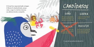 A Coruja ficou responsável pela contagem.
A Macaca foi desclassificada, porque
violou a regra 6 e distribuiu bananas
aos eleitores durante a campanha.
E a grande vencedora da eleição foi…
 