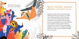 Mas todos se reuniram para
ouvir o discurso da Preguiça.
Aprendi que o Leão só quer ser reconhecido pelo
trabalho que tem feito, que a Macaca, na verdade,
quer um espaço para brincar, que a Cobra quer
que os outros animais saibam que ela não é feita
só de veneno, que a Coruja quer uma escola para
ensinar os novos passarinhos a voar e que cada bicho
tem seus desejos e vivências próprias. Todos são
importantes à sua maneira. Como primeira medida
de governo, vamos criar um conselho para que todos
possam opinar sobre o que vai acontecer na floresta.
Juntos e sem pressa!
 