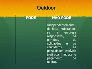 Outdoor
PODE         NÃO PODE
          Independentemente
          do local, sujeitando-
          se      a    empresa
          responsável,       os
          partidos,          as
          coligações    e    os
          candidatos         às
          penalidades cabíveis
          (retirada imediata e
          pagamento          de
          multa).
 
