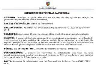 ESPECIFICAÇÕES TÉCNICAS DA PESQUISA:
OBJETIVO: Investigar a opinião dos eleitores da área de abrangência em relação às
pró...