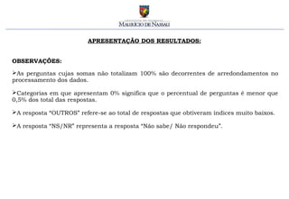 APRESENTAÇÃO DOS RESULTADOS:
OBSERVAÇÕES:
As perguntas cujas somas não totalizam 100% são decorrentes de arredondamentos ...