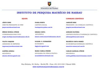 INSTITUTO DE PESQUISA MAURÍCIO DE NASSAU

                             EQUIPE                                                  CONSELHO CIENTÍFICO

JÂNYO DINIZ                                  IVANIA PORTO                            JANGUIÊ DINIZ
DIRETOR-PRESIDENTE DO IPMN                   CIENTISTA SOCIAL                        PRESIDENTE DO CONSELHO CIENTÍFICO
janyo@sereducacional.com                     ivaniaporto@yahoo.com.br                janguie@sereducacional.com


SÉRGIO MURILO JÚNIOR                         SIMARA COSTA                            ADRIANO OLIVEIRA
COORDENADOR EXECUTIVO                         ESTATÍSTICA                            CIENTISTA POLÍTICO/COOPERAÇÃO CIENTIFICA
sergio.murilojr@mauriciodenassau.edu.br      simara.costa@mauriciodenassau.edu.br    adrianopolitica@uol.com.br


TALITA VASQUES                               DJALMA S. GUIMARÃES                     MAURÍCIO COSTA ROMÃO
ASSESSORA DE IMPRENSA                        ECONOMISTA                              ECONOMISTA/COOPERAÇÃO CIENTÍFICA
imprensa@sereducacional.com                  dsgjunior@gmail.com                     mauricio-romao@uol.com.br


ALEÔNIA ANGELA                               MARIA CAMILA FREIRE                     CARLOS GADELHA JÚNIOR
ESTATÍSTICA                                  ESTAGIÁRIA DE CIÊNCIA POLÍTICA          ESTATÍSTICO
aleonia.oliveira@gmail.com                   mcamilafreire@hotmail.com               carlos.gadelha@mauricionassau.com.br




                             Rua Betânia, 40, Derby – Recife/PE – Fone: (81) 3413-4611 Ramal 4806
                                           www.institutomauriciodenassau.com.br
 
