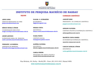 INSTITUTO DE PESQUISA MAURÍCIO DE NASSAU
                            EQUIPE                                                   CONSELHO CIENTÍFICO

JÂNYO DINIZ                                 DJALMA S. GUIMARÃES                      JANGUIÊ DINIZ

DIRETOR-PRESIDENTE DO IPMN                  ECONOMISTA                               PRESIDENTE DO CONSELHO CIENTÍFICO
janyo@sereducacional.com                    dsgjunior@gmail.com
                                                                                     janguie@sereducacional.com


SÉRGIO MURILO JÚNIOR                        SIMARA COSTA
                                                                                     ADRIANO OLIVEIRA
COORDENADOR EXECUTIVO                       ESTATÍSTICA
                                                                                     CIENTISTA POLÍTICO/COOPERAÇÃO CIENTIFICA
sergio.murilojr@mauriciodenassau.edu.br     simara.costa@mauriciodenassau.edu.br
                                                                                     adrianopolitica@uol.com.br

ANDRÉ AZEVEDO                               IVANIA PORTO
                                                                                     MAURÍCIO COSTA ROMÃO
SUPERVISOR GERAL DE PESQUISA                CIENTISTA SOCIAL
andre.azevedo@mauriciodenassau.edu.br       ivaniaporto@yahoo.com.br                 ECONOMISTA/COOPERAÇÃO CIENTÍFICA
                                                                                     mauricio-romao@uol.com.br
FERNANDO ALVARENGA                          ALEÔNIA OLIVEIRA
ASSESSOR DE IMPRENSA                        ESTATÍSTICA                              CARLOS GADELHA JÚNIOR
fernando.alvarenga@sereducacional.com       aleonia.angela@mauriciodenassau.edu.br
                                                                                     ESTATÍSTICO
                                                                                     carlos.gadelha@mauricionassau.com.br
                                            CAMILA FREIRE
                                            ESTAGIÁRIA EM CIÊNCIA POLÍTICA
                                            camila.freire@sereducacional.com



                           Rua Betânia, 40, Derby – Recife/PE – Fone: (81) 3413-4611 Ramal 4806
                                          www.institutomauriciodenassau.com.br
 