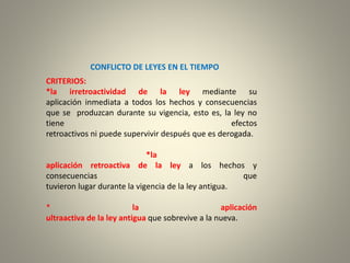 CONFLICTO DE LEYES EN EL TIEMPO
CRITERIOS:
*la irretroactividad de la ley mediante su
aplicación inmediata a todos los hechos y consecuencias
que se produzcan durante su vigencia, esto es, la ley no
tiene efectos
retroactivos ni puede supervivir después que es derogada.
*la
aplicación retroactiva de la ley a los hechos y
consecuencias que
tuvieron lugar durante la vigencia de la ley antigua.
* la aplicación
ultraactiva de la ley antigua que sobrevive a la nueva.
 