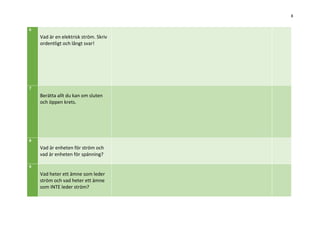 8
4
Var ska du INTE ställa dig när
det är oväder och det blixtrar?
Förklara även varför.
5
När levde Benjamin Franklin
och vad har han uppfunnit?
6
Vad är en elektrisk ström. Skriv
ordentligt och långt svar!
Använd rätt begrepp.
 