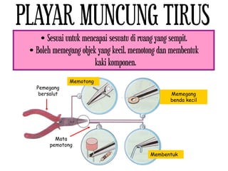PLAYAR MUNCUNG TIRUS
• Sesuai untuk mencapai sesuatu di ruang yang sempit.
• Boleh memegang objek yang kecil, memotong dan membentuk
kaki komponen.
Memotong
Memegang
benda kecil
Membentuk
Pemegang
bersalut
Mata
pemotong
 