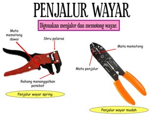 Digunakan menjalur dan memotong wayar.
Skru pelaras
Rahang menanggalkan
penebat
Mata
memotong
dawai
Penjalur wayar spring
Mata penjalur
Mata memotong
Penjalur wayar mudah
PENJALUR WAYAR
 