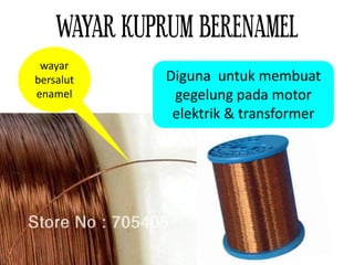 WAYAR KUPRUM BERENAMEL
wayar
bersalut
enamel
Diguna untuk membuat
gegelung pada motor
elektrik & transformer
 