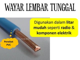 WAYAR LEMBAR TUNGGAL
Digunakan dalam litar
mudah seperti radio &
komponen elektrik
Penebat
PVC
 