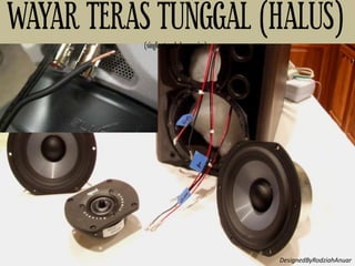 WAYAR TERAS TUNGGAL (HALUS)
(single stranded core wire)
• Boleh
dilentur
• Digunakan
di radio &
pembesar
suara
WAYAR TERAS TUNGGAL (HALUS)(single stranded core wire)
DesignedByRodziahAnuar
 