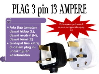 PLAG 3 pin 13 AMPERE
Ada tiga tamatan :
dawai hidup (L),
dawai neutral (N),
dawai bumi (E)
terdapat fius katrij
di dalam plag ini
untuk tujuan
keselamatan
Kebanyakan perkakas di
rumah menggunakan plag
ini
 