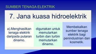 SUMBER TENAGA ELEKTRIK
7. Jana kuasa hidroelektrik
a).Menghasilkan
tenaga elektrik
daripada putaran
dinamo.
b)Kuasa air
digunakan untuk
memutarkan
turbin dan turbin
memutarkan
dinamo.
Membekalkan
sumber tenaga
elektrik bagi
penindustrian dan
kosmetik.
 