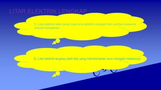 LITAR ELEKTRIK LENGKAP
2). Litar elektrik lengkap ialah litar yang membenarkan arus mengalir melaluinya.
1). Litar elektrik ialah laluan bagi arus elektrik mengalir dari sumber kuasa ke
seluruh kompenen.
 