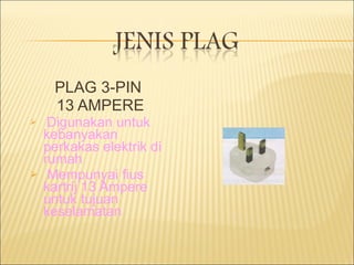 PLAG 3-PIN  13 AMPERE Digunakan untuk kebanyakan perkakas elektrik di rumah Mempunyai fius kartrij 13 Ampere untuk tujuan keselamatan 