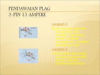 Langkah 3 Buka penutup plag dan longgarkan skru tamatan. Masukkan wayar di bawah pengapit dan  ketatkan semula skrunya. Langkah 4 Potong teras jika terlalu panjang supaya lebih kemas.Jalurkan penebat pada teras.  