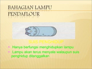 SUIS PENGHIDUP Hanya berfungsi menghidupkan lampu Lampu akan terus menyala walaupun suis penghidup ditanggalkan 