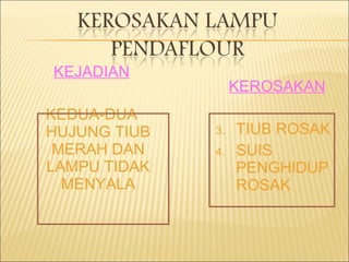 KEJADIAN KEDUA-DUA HUJUNG TIUB MERAH DAN LAMPU TIDAK MENYALA KEROSAKAN TIUB ROSAK SUIS PENGHIDUP ROSAK 