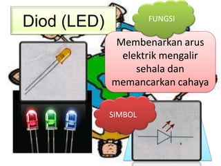 Diod (LED)            FUNGSI

              Membenarkan arus
               elektrik mengalir
                  sehala dan
             memancarkan cahaya

             SIMBOL
 