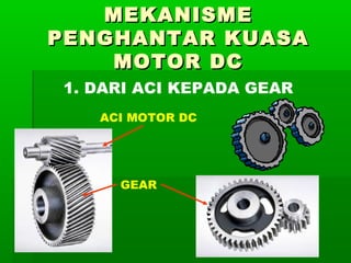 MEKANISME
PENGHANTAR KUASA
MOTOR DC
1. DARI ACI KEPADA GEAR
ACI MOTOR DC

GEAR

 
