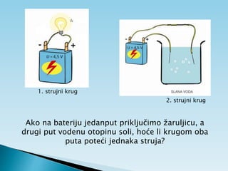 1. strujni krug
2. strujni krug
Ako na bateriju jedanput priključimo žaruljicu, a
drugi put vodenu otopinu soli, hoće li krugom oba
puta poteći jednaka struja?
 