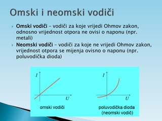  Omski vodiči – vodiči za koje vrijedi Ohmov zakon,
odnosno vrijednost otpora ne ovisi o naponu (npr.
metali)
 Neomski vodiči – vodiči za koje ne vrijedi Ohmov zakon,
vrijednost otpora se mijenja ovisno o naponu (npr.
poluvodička dioda)
 